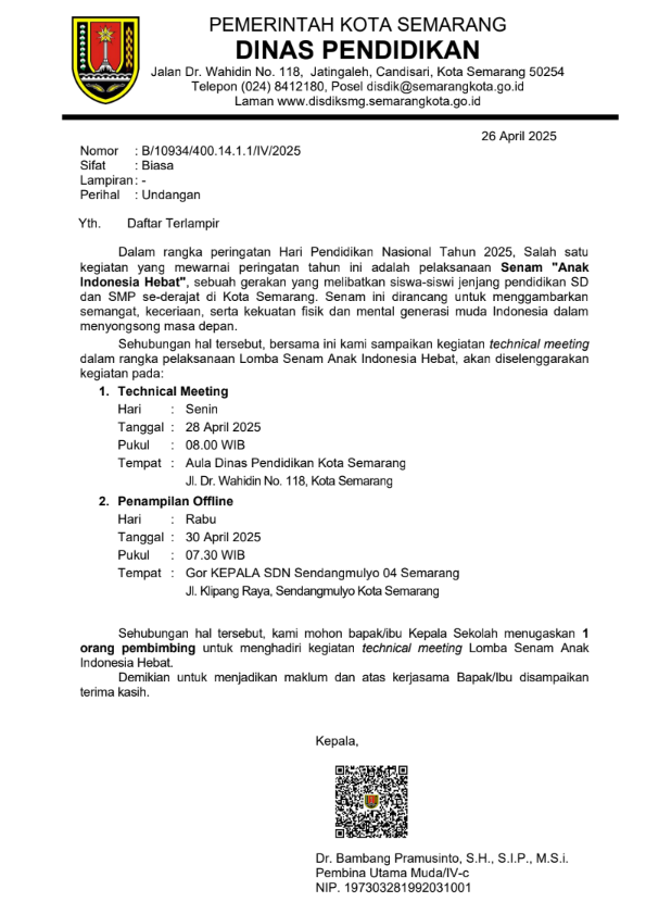 Undangan Technical Meeting dalam rangka pelaksanaan Lomba Senam Anak Indonesia Hebat